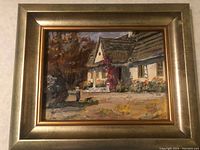 Framed colour painting showing a detailed scene of a house and garden with figures.