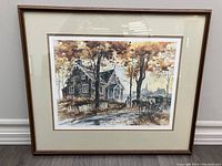Full view of the framed limited edition print showing the Hutchison House, surrounded by autumn trees and a road with a horse-drawn carriage.