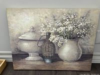 Front view of still life painting showing the composition and details of urn, bottle, and floral pitcher