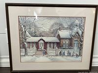 Front view of the full framed print showing the winter museum scene with children and adult.