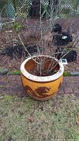 Photo showing large heavy Chinese-style ceramic planter with dragon motif and plant inside, placed outdoors on grass near brick path.