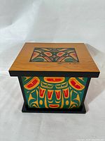 Front perspective showing removable lid and painted design