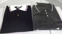 Two men's golf shirts side by side, one folded showing collar and buttons, other in packaging with labels visible.