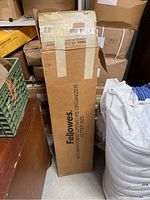 Sealed box showing Fellowes branding and label indicating literature organizer for letter size documents.