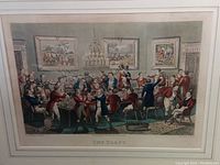 Close-up of the colored engraving print "The Toast" showing the group of men in period dress raising a toast inside a room with paintings and chandelier.