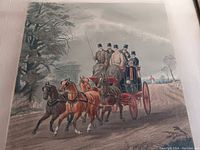 Close-up of the horse and carriage engraving print showing the detailed scene with four horses and the men on the carriage.