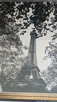 Close-up of the black and white photo of the Eiffel Tower showing the tower framed by branches