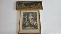 Photo showing both artworks: the upper decorative paint on board with castle and horseman, and below the framed French etching of horsemen.