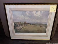 Front view of the framed lithograph showing the entire equestrian hunting scene and frame.