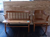 Front view of bench and chair showing construction and design details