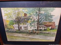 Close-up of the lithograph image depicting the Old Marlborough Tavern with a person leading a horse in front of the building, artwork signed by the artist.