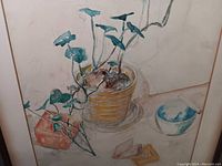 Close-up detail of the watercolor painting showing potted plant, red container, bowl, and boxes.