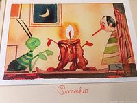 Close-up of colorful Pinocchio lithograph showing whimsical characters and scene with candle, insect, and Pinocchio under a crescent moon.