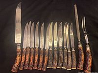 Full view of all knives in the set arranged side by side, showcasing handles and blade shapes along with carving fork and sharpener rod.