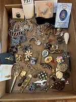 Top view of assorted costume jewelry including brooches and scarf clips in a box
