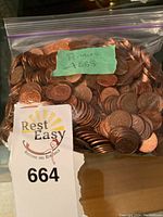 Resealable plastic bag labeled 'Pennies 4LBS' containing a large quantity of copper-colored US pennies laid on a flat surface with auction tag 664 visible.