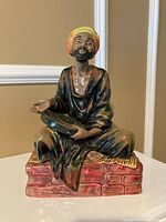 Photo of Royal Doulton Mendicant figurine showing detailed seated male figure with colorful turban and black robe, sitting on red brick-like base.