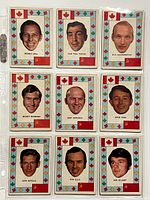 Front view of nine 1972-73 O-Pee-Chee Team Canada hockey cards arranged in a 3x3 grid showing player portraits with Canadian and Soviet Union flag backgrounds.
