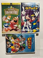 Photo showing three Walt Disney VHS tapes: Fun & Fancy Free (Limited Edition 50 Fully Restored), A Goofy Movie, and An Extremely Goofy Movie. All tapes in original cases with visible cover art.