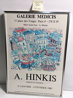 Full view of framed poster showing colorful pastel and oil drawing of Paris street and carousel with exhibitor and location details.