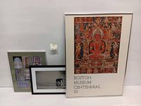 Three framed prints arranged upright showing the Boston Museum Centennial exhibit poster, elephant photo, and wall tile design photo collage