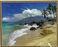 Framed color photographic print of a Hawaiian beach scene with palm trees, rocky shoreline, ocean waves, a mountain in the background, and blue partly cloudy sky.
