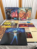 Overview of 9 vinyl LP records stacked together showing colorful covers including The Beach Boys and The Smothers Brothers