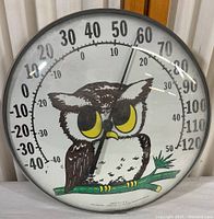 Front view of the owl thermometer showing temperature dial and owl illustration.