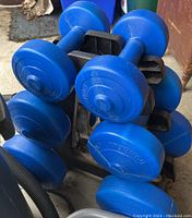 Blue plastic dumbbells stacked in black plastic holder with hexagonal weighted ends preventing rolling