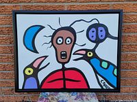 Full view of the framed abstract figurative painting showing central figure, birds, and crescent moon