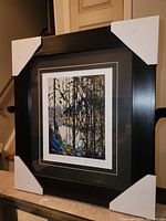 Framed art print in black frame with protective corner covers, showing the artwork and part of the frame.