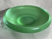 Top angle view of a large jadeite glass candy bowl showing the rolled edge and smooth surface.
