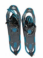 Pair of gray and blue Elektra snowshoes, showing top side with bindings and weight rating.