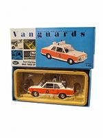 Front view of die cast model Ford Cortina MkII 1600 GT in blister packaging inside original Vanguards box showing police design and scale.