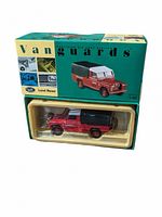 Front view of the Vanguards Land Rover die cast model in original packaging showing detailed vehicle and vintage style box graphics.