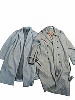 Two women's long overcoats side by side - grey Zara overcoat on the left, checked trench-style overcoat on the right.