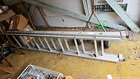 Photo of the 14 ft aluminum extension ladder lying horizontally on the ground among other personal items in a garage.