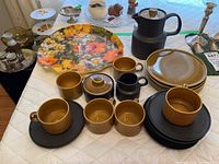 Full view of the ceramic coffee set and Hardy Glenwood floral tray on table.