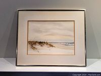 Full front view of framed watercolor seascape showing overall composition and frame