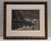 Framed view of oil on board landscape painting with textured brush strokes showing a coastal scene and signature.