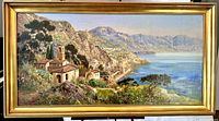 Full front view of framed oil painting showing Amalfi Coast scene and gold frame