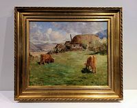 Full view of the framed painting showing grazing cows and thatched cottage in a rural landscape