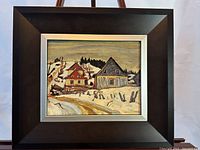 Full view of framed winter village landscape print
