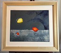 Frontal photo of the abstract acrylic painting framed in light wood with white matting, showing the overall condition and colors.