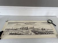 Full view of the antique German etching showing a wide panoramic cityscape of Berlin with magnifying glass and gloves for scale.