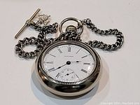 Front view of antique Waltham pocket watch with chain and fob on a white surface showing the white enamel dial with Roman numerals and blue steel hands.