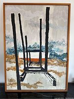 Full view of framed painting showing abstract sailboat scene with black post structures and muted landscape