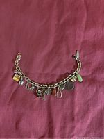 Full view of gold charm bracelet on red fabric showing variety of hanging charms including stones and metal figures.