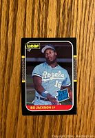 Front side of the 1987 Leaf Bo Jackson rookie card showing the player in Kansas City Royals uniform, card number 35.