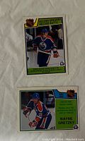 Two 1983-84 O-Pee-Chee Wayne Gretzky hockey cards showing front sides with images of Gretzky in Edmonton Oilers uniform under 'Record Breaker' titles.
